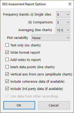 eeg assessment report options dialog