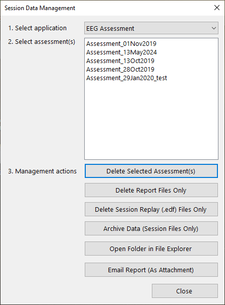 eeg assessment session management dialog