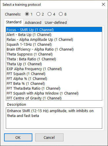 eeg neurofeeback select protocol dialog