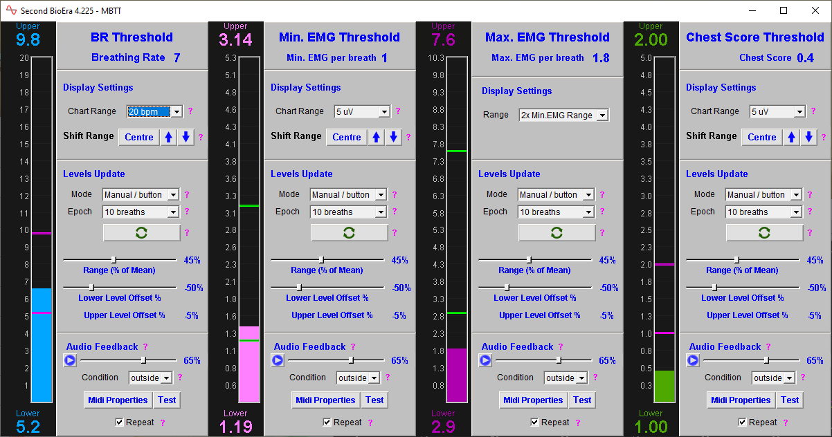 emg and breathing app thresholds window