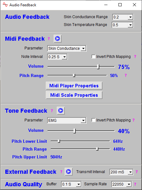 EMG, GSR and skin temperature app audio feedback