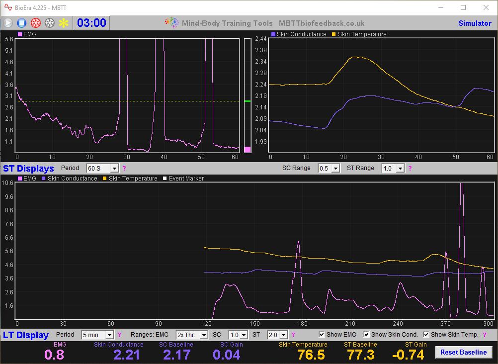 EMG, GSR and skin temperature app main window