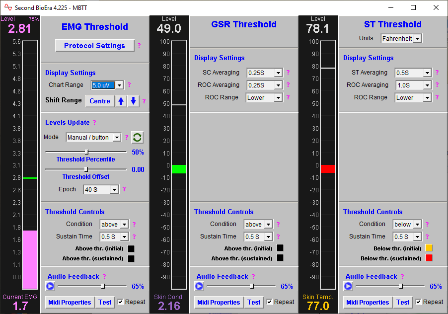 EMG, GSR and skin temperature app thresholds window